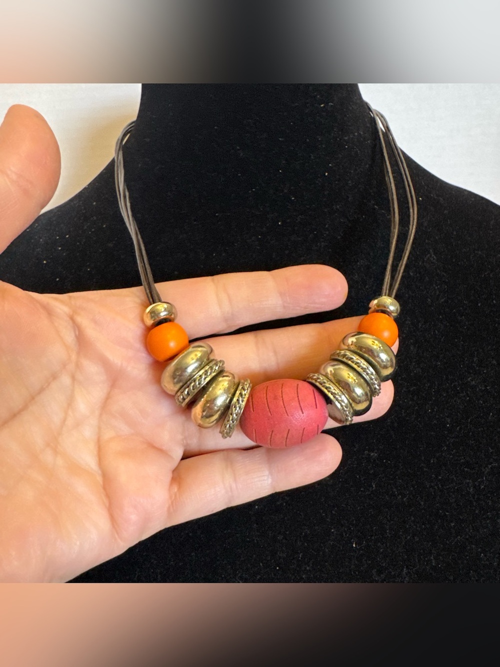 Chico's Necklace Orange Gold Beaded Chunky Leather Multi Stand Statement Jewelry - Picture 2 of 15